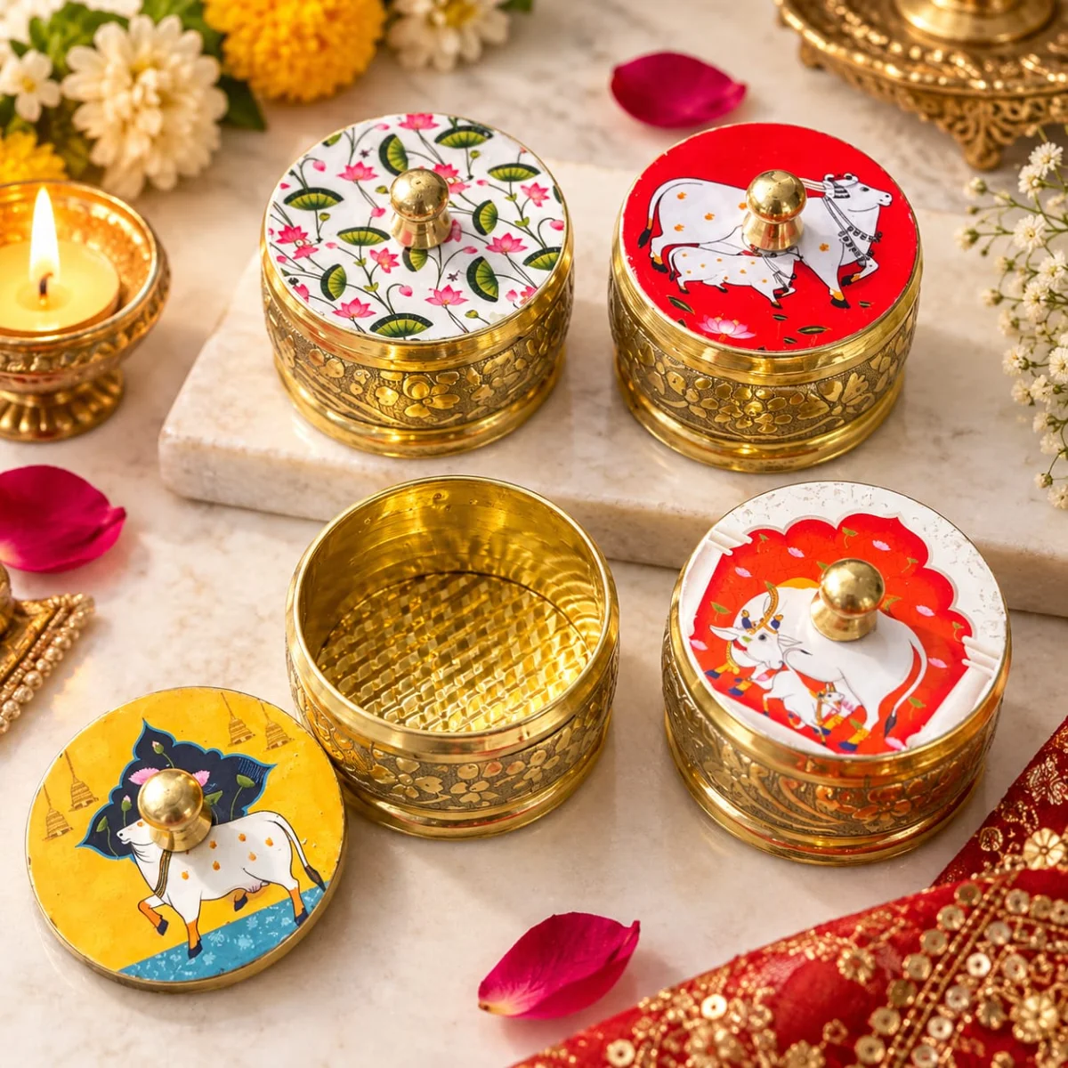 Brass Tilak & Sindoor Utility Dibbi – Traditional Pooja Box