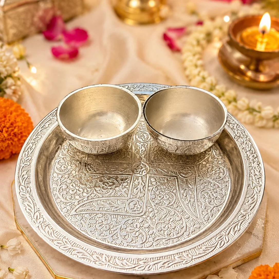 Divine Silver Bhog Thali Set – German Silver Plate with 2 Serving Bowls