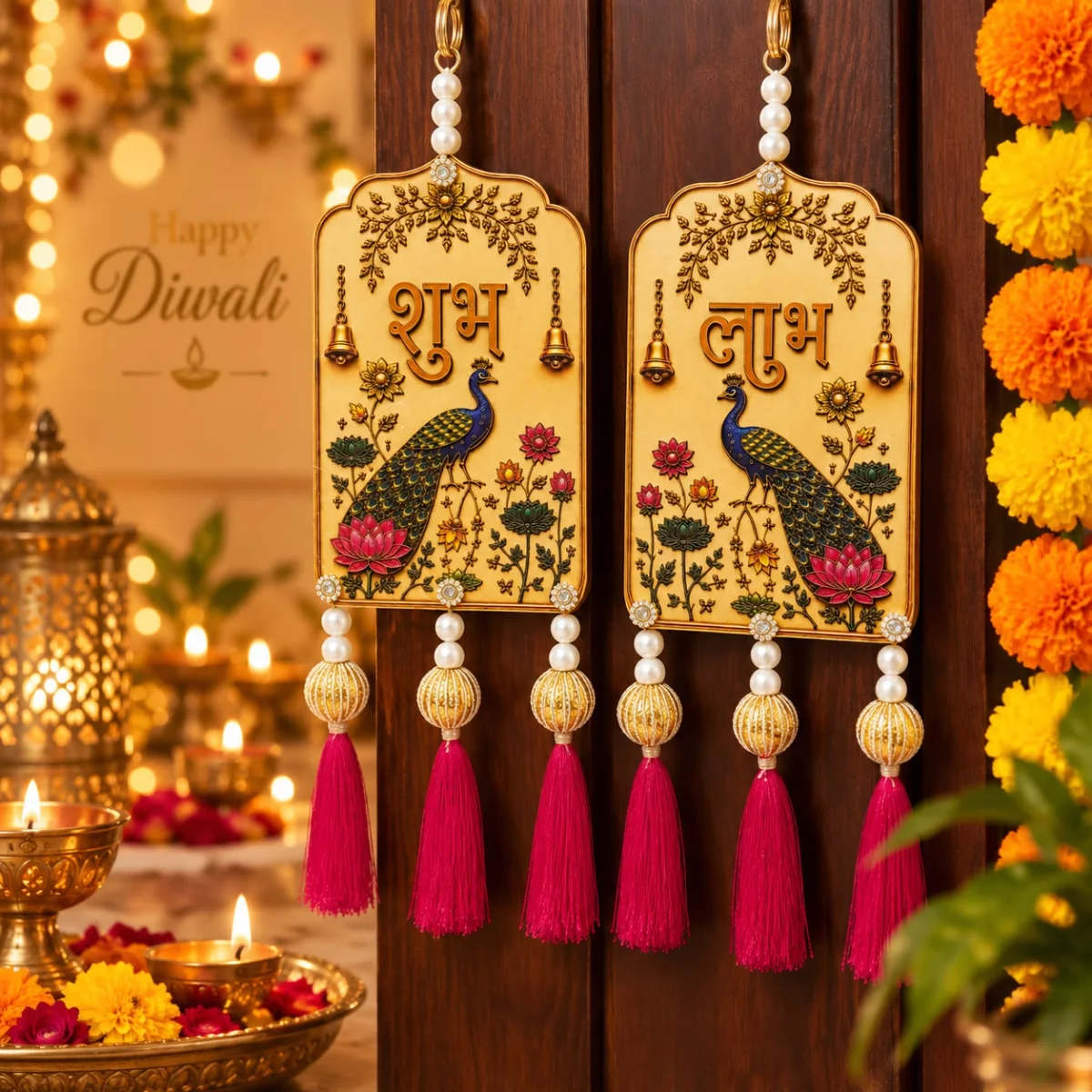 Shubh Labh Peacock Pearl Door Hanging – Festive Diwali Latkan